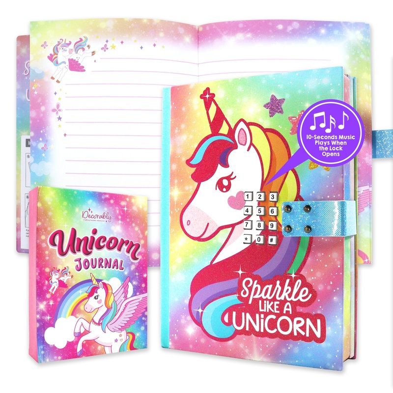 Decorably Glittery A5 Unicorn Journal for Girls Ages 4-8 with Lock Code and Music, 80 Sheets Locking Diary for Girls Ages 8-12 w
