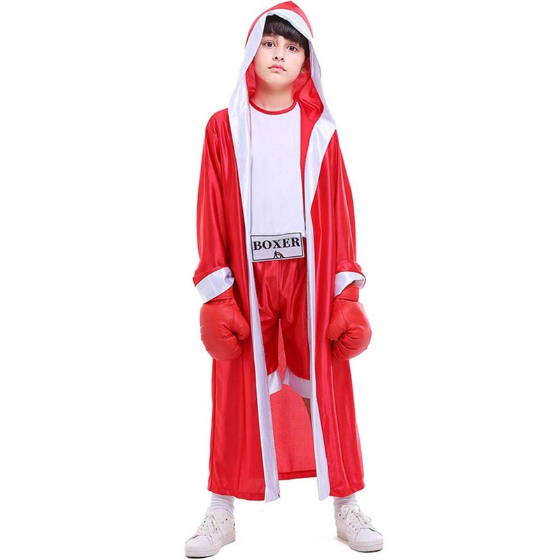 DLSNZ Kids Boxing Costume with Hooded Boxer Robe Halloween Cosplay Role Play Boxing Uniform (Red, Medium)