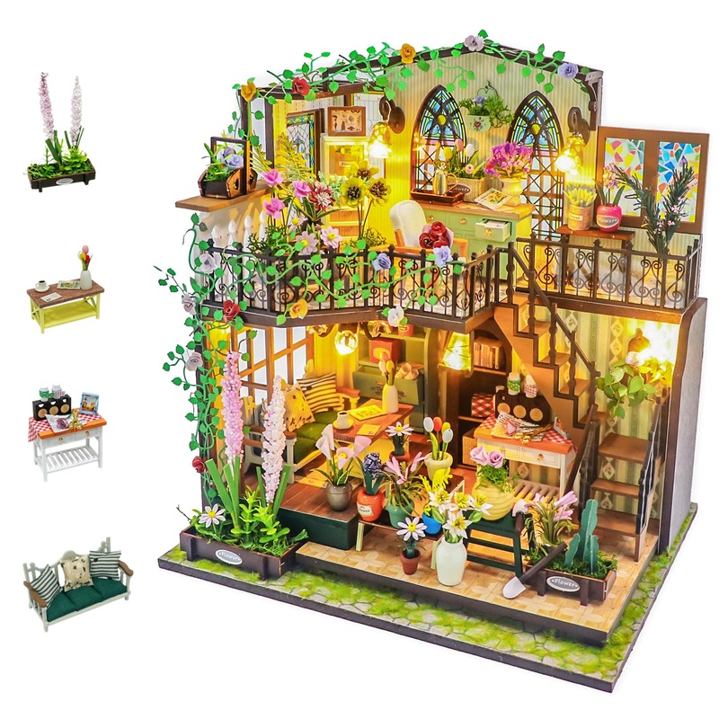 DSLDXYH DIY Miniature House Kit with Furniture and Dust Cover, Tiny/Mini House Building Kit for Adults, Christmas/Halloween Deco