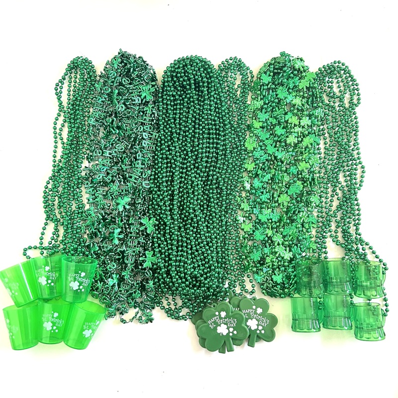 GZYSSL 72 Pcs St. Patrick’s Day Bead Necklaces Bulk Green St. Patrick’s Shot Glass Bead Necklaces St. Patrick’s Clover Beads Dec