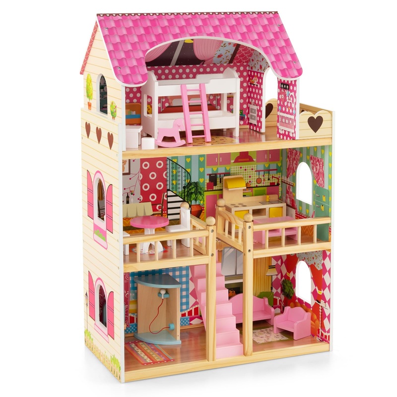 HONEY JOY Pink Doll House, Wooden Kids Dollhouse with Balcony & Stairs, 15 Pieces Accessories & Furniture Included, Large 3-Stor
