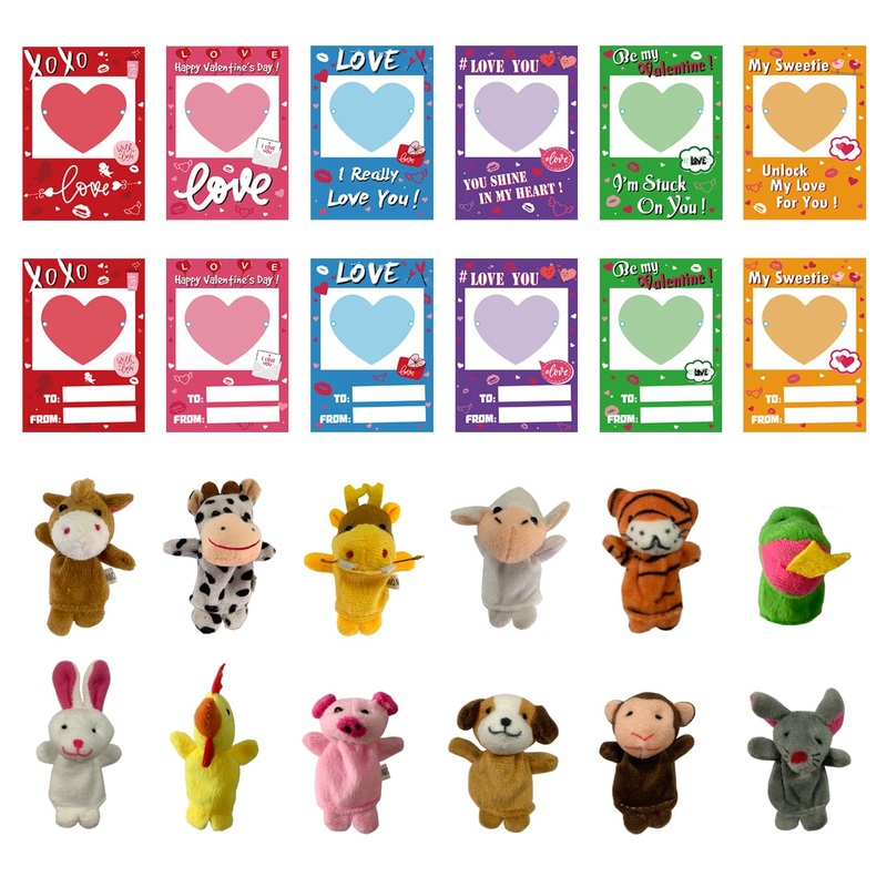 JIALWEN 12 Pack Valentines Day Cards for Kids with Animal Finger Puppet for Kids Valentine Theme Gifts Greeting Cards School Cla