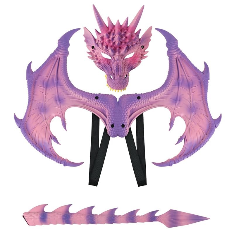 Kids Dinosaur Costume Dress Up Wings Dragon Tail Mask Set Halloween for Children Birthday Party Favors Gifts (Purple)
