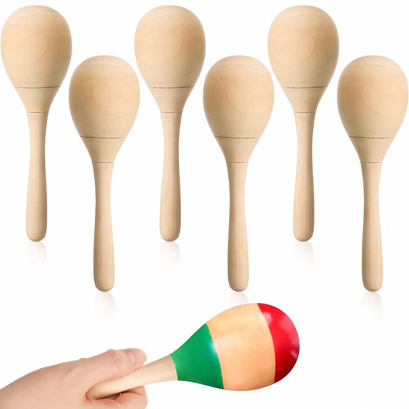 Leitee 6 Pcs DIY Wood Maracas Unfinished Hand Painted Maracas Party Favor Wooden Rumba Shakers Hand Percussion Rattles Musical I