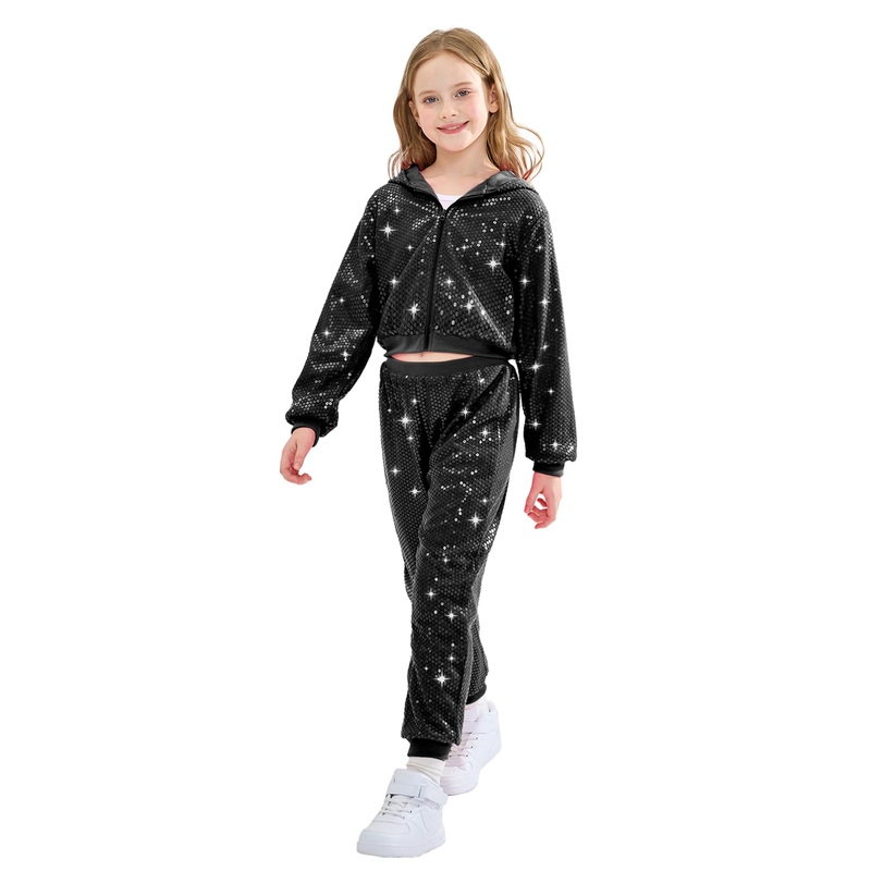 LOLANTA Girls Hooded Jacket Dance Trouser Sequin Black Dance Outfits Spring Coat Hip-hop Dance Costume (Black, 7-8 Years)