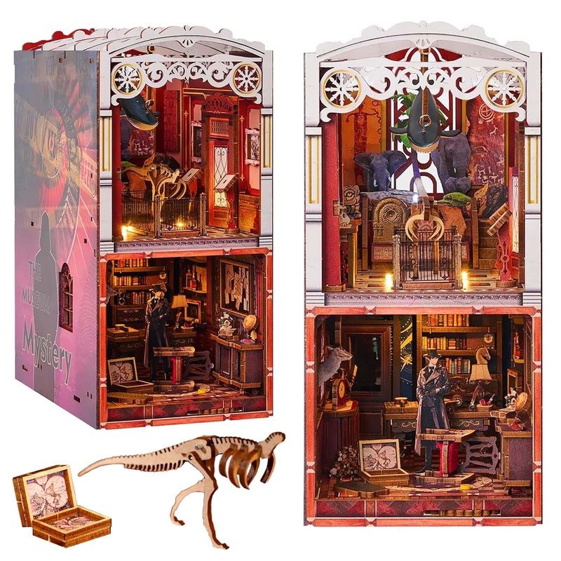 OurMiao Book Nook Kit Detective, DIY Miniature Booknook Kit for Adults with LED Lights, 3D Wooden Puzzles Bookshelf Insert Decor