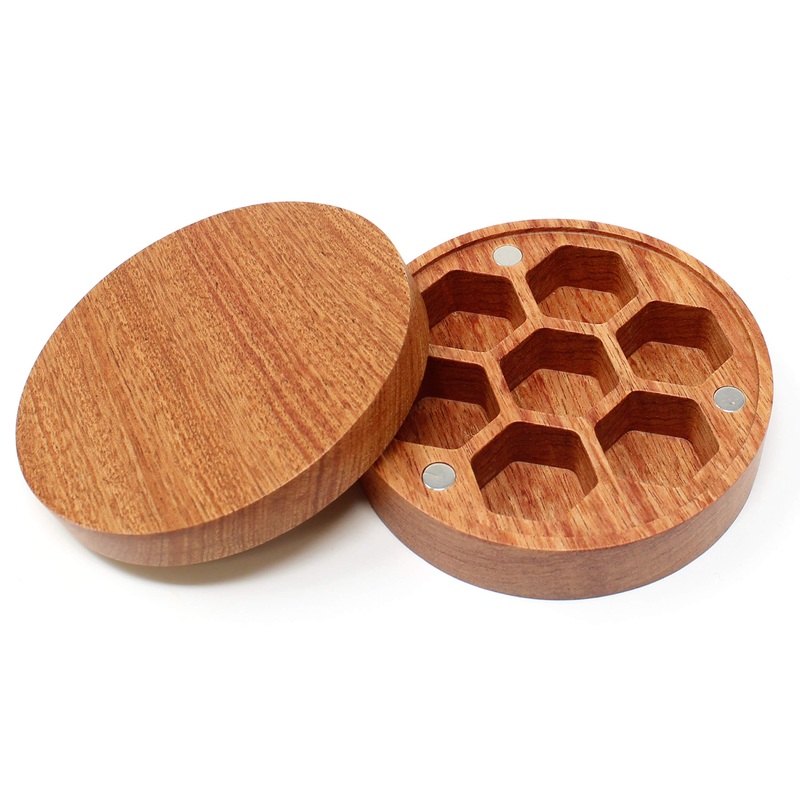 Round Wood Dice Storage Case with Magnetic Lid – Box Holds Polyhedral 7 Die Set for DND, D&D, RPG – Rosewood