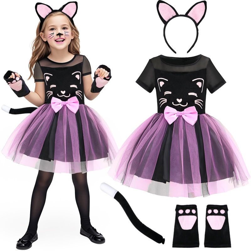 SVMK Girls Cat Costume Kids Toddler Kitty Dress Costumes Accessories Cat Ears Headband Gloves Tail Halloween Dress Up Cosplay (1