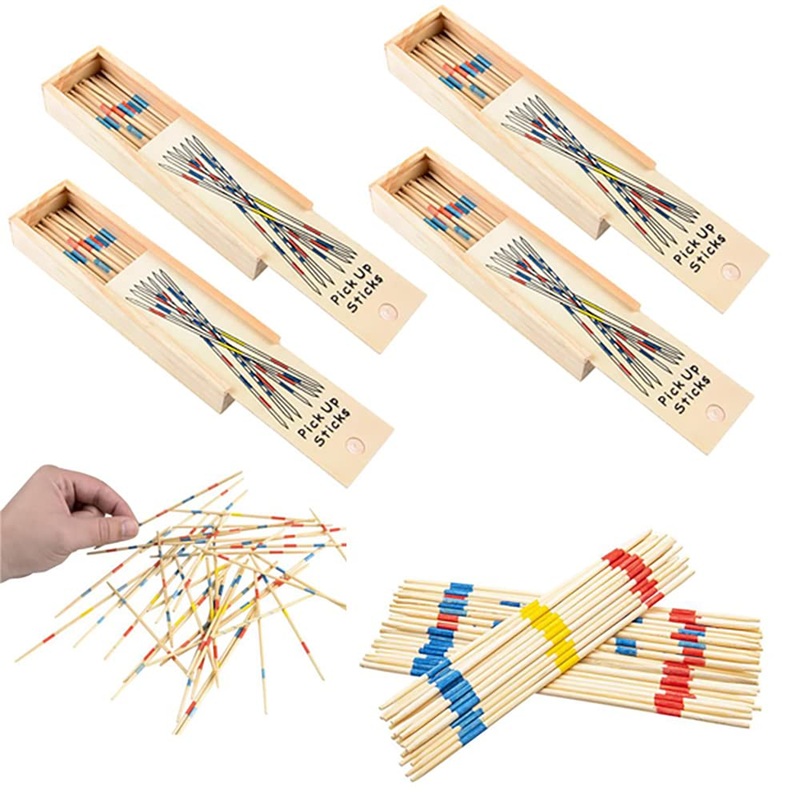 Chochkees Classic Wooden Thin Pick Up Stick Game 31 Pieces Fun Family Game Gift Idea, 7” Tall, (4-Pack)