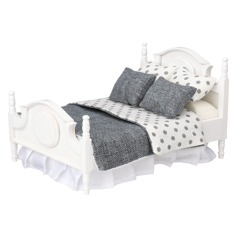 Dollhouse Furniture Mini Bed Set, Realistic Bedroom Accessories for 6 inch Dolls, Decorative Grey Bedspread & Pillows, White Woo