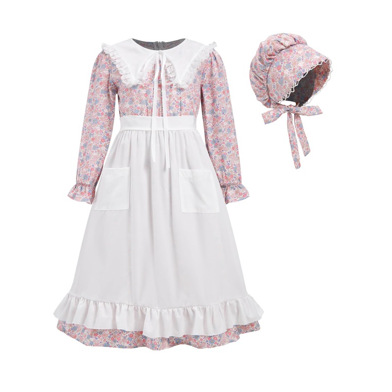 FORTMAC Prairie Dress Girls Pioneer Colonial Costume Floral 1800s Pilgrim Costume with Apron and Bonnet Pink 6-7Y