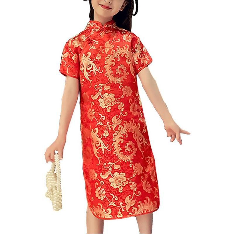 Girls Chinese Qipao Dress Dragon Pattern Short Sleeve Cheongsam Costume for Birthday Party Wedding (US, Age, 6 Years, 7 Years, R