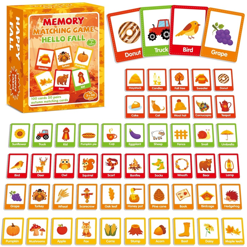 gisgfim 50 Pairs Thanksgiving Memory Matching Game Happy Fall Concentration Memory Games for Kids Educational Ages 3-8 A Fun & F