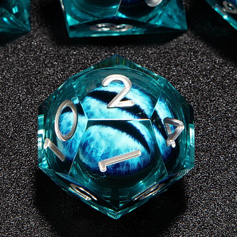 Handmade Resin Dungeons and Dragons Dice Set Dragon Eye Liquid Core Sharp Edges 7 PCS with Gift Box for TTRPG for D&D Fans (Blue