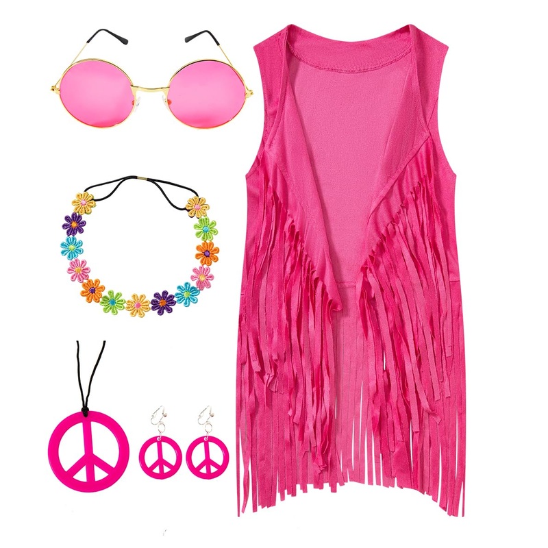 IWALUE 60s 70s Outfits Hippie Costume Set Kid Girls Fringe Tassel Vest with Earring Headband Glasses(Pink,10-12 Years)