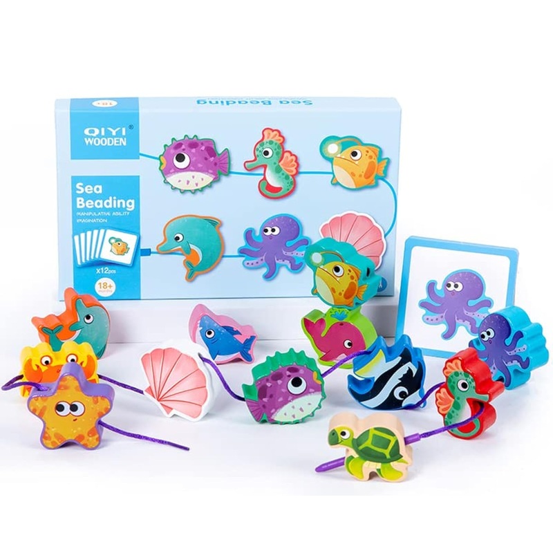 JAQI Montessori Educational Wooden Threading Stringing Toys Dinosaurs Traffic Space Insects Animals Fruits Lacing Beads Preschoo