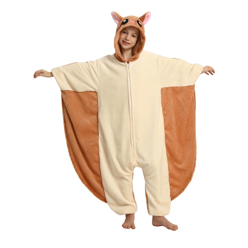 LONULAIN Unisex Kids Animal Oneise Pajamas, Boys Girls Flannel Hooded Halloween Cosplay Costume/Homewear/Sleepwear (Flying Squir