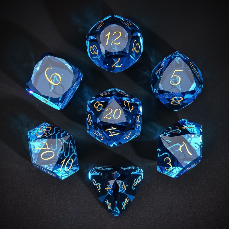 UDIXI 7-Piece Glass Dice Set D&D, MultiFaceted Diamond-Cut Glass DND Dice for Dungeons and Dragons RPG Tabletop Games (Blue)