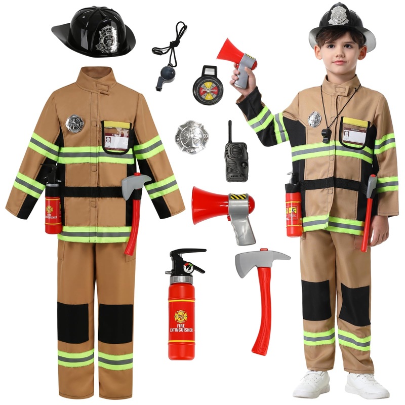 yolsun Kid’s Fireman Costume, Boy Firefighter Dress up, Fire Fighter with Toy Accessories Halloween Role Play (11 pcs, 2-3 Years
