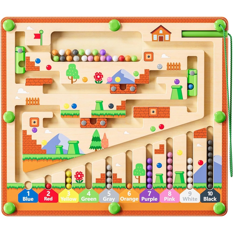 zhiwuzhu Montessori Wooden Color Matching Learning Counting Puzzle Board, Magnetic Color and Number Maze for Ages 2-4,Toddler Fi