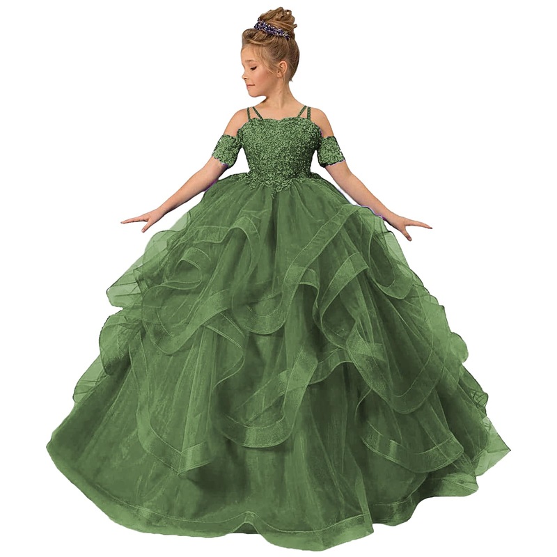 ZPVP Princess Flower Girl Dress Long Girls Pageant Dress Puffy Ruffles Beaded Appliques Wedding Party Costumes Olive Green US13
