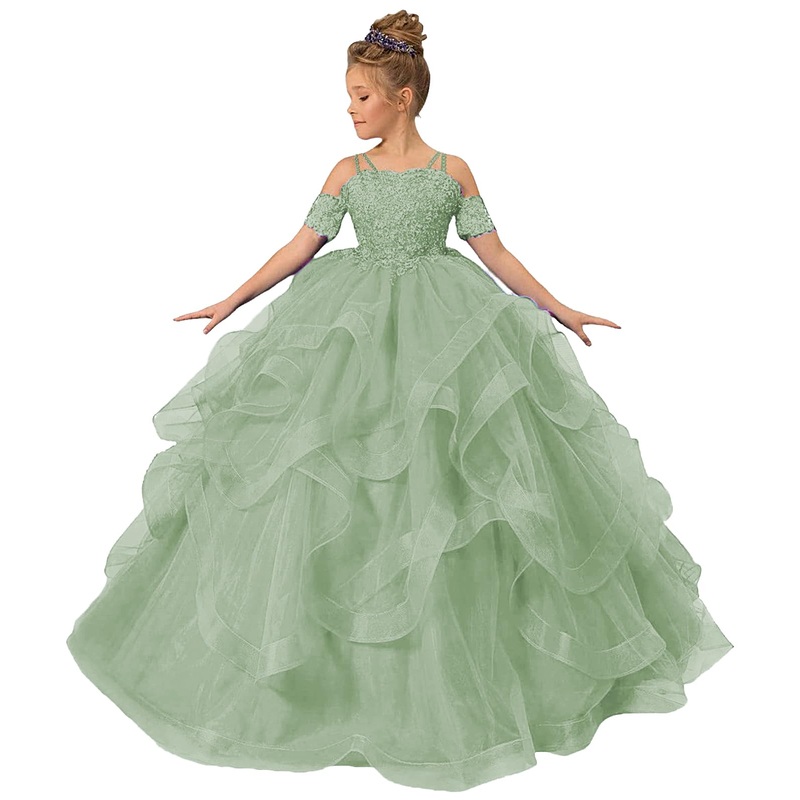 ZPVP Princess Flower Girl Dress Long Girls Pageant Dress Puffy Ruffles Beaded Appliques Wedding Party Costumes Sage Green US13