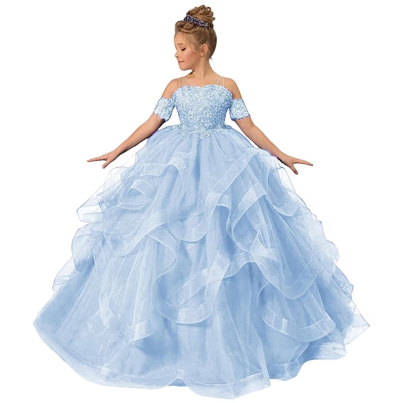 ZPVP Tulle Princess Girls Pageant Dress Tiered Ruffles Flower Girl Dress Beaded Appliques Wedding Party Costumes Light Blue US6