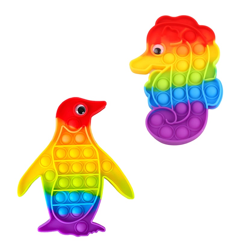 2 Packs Animals Fidget Toys,Push Bubble Sensory Toy for Kids,Rainbow Penguin Seahorse Stress Reliever Squeeze Toys Set Education