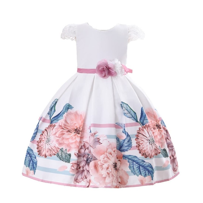 Cosplay Life Floral Dress for Girls and Young Adults Fashion Flower Waistline Kids Party Festival Dress Ages 5-9 Years Old (Whit
