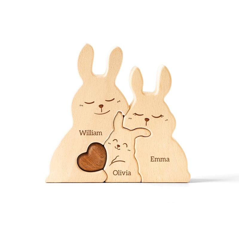 Customizedbee Baby Bunny Family Puzzle, Personalized Wooden Puzzles with 2-5 Names, Rabbit Toys Easter Anniversary Wedding Gifts