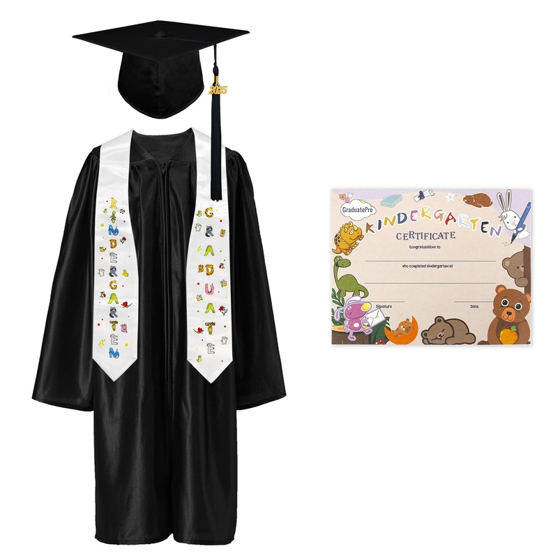 GraduatePro Kindergarten Graduation Cap and Gown Package Class of 2025 for Kids with Stole Certificate as Party Gift Black 36