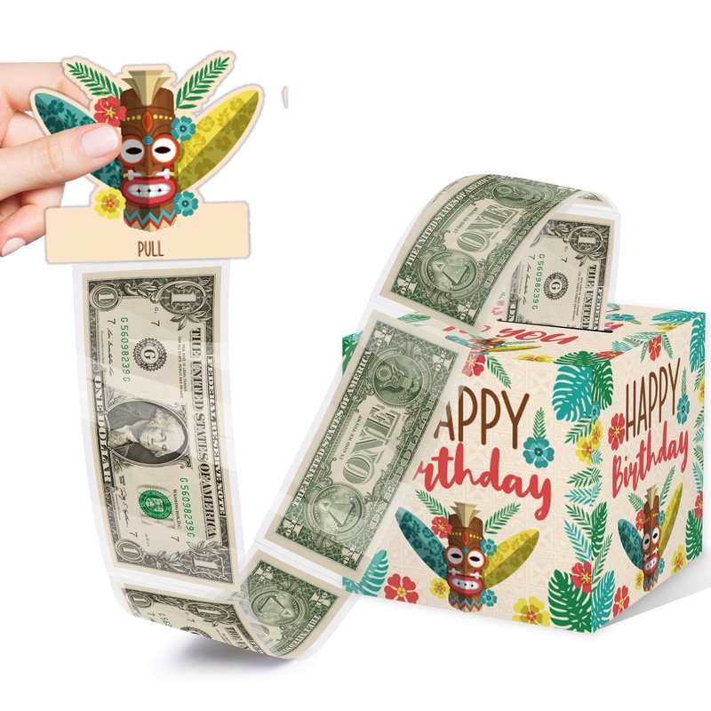 Hawaiian Surprise Money Gift Boxes for Cash, Happy Birthday Money Box with Pull for Women Girls, Luau Summer Pool Beach Birthday