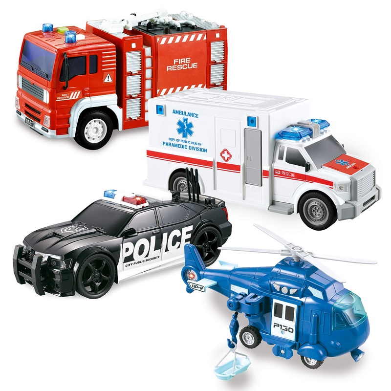 JOYIN 4 Packs Emergency Vehicle Toy Playsets, Friction Powered Vehicles with Light and Sound, Including Fire Truck, Ambulance, P