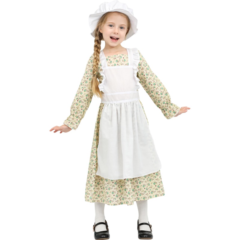 Lingway Toys Girls Pioneer Costume,Floral Colonial Prairie Dress for Girls with Apron and Bonnet 3-4