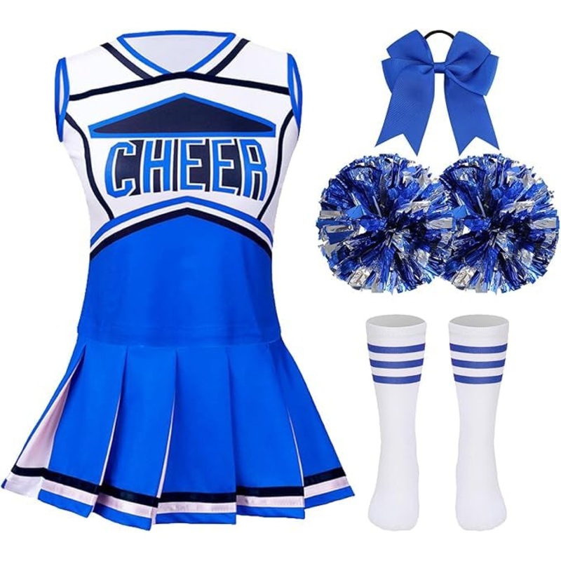 LMYOVE Classic Blue 5-Piece Cheerleading Set for Kids – Includes Top, Skirt, Pom Poms, Headband, and Socks,6-7Y