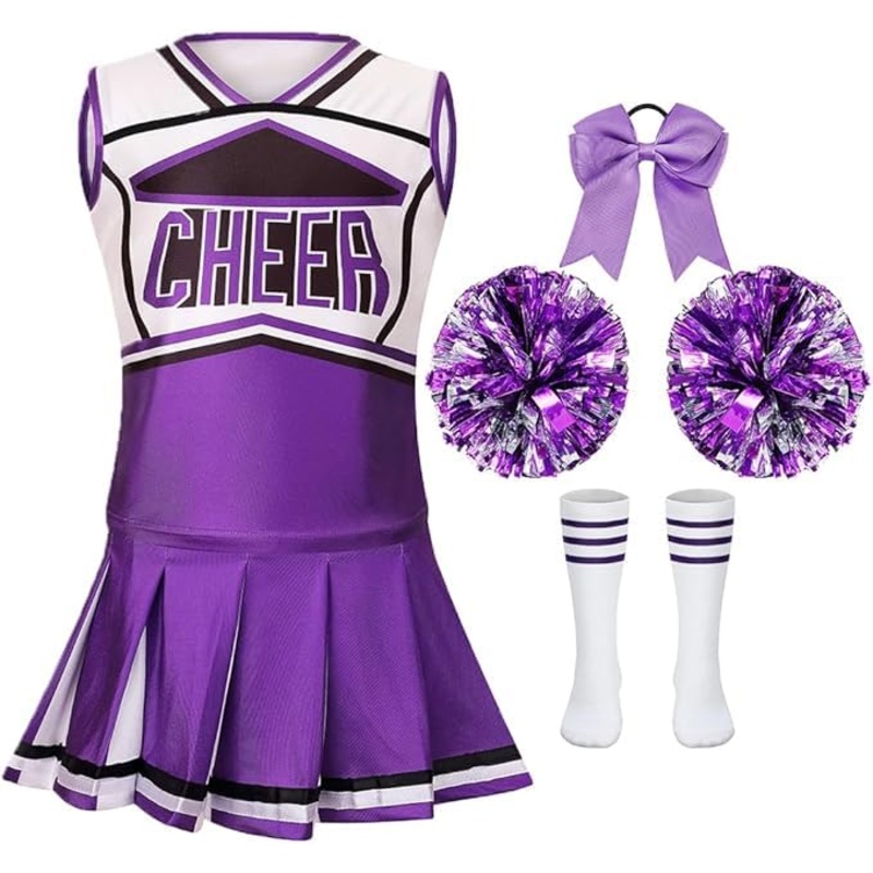 LMYOVE Classic Purple 5-Piece Cheerleading Set for Kids – Includes Top, Skirt, Pom Poms, Headband, and Socks,8-9Y