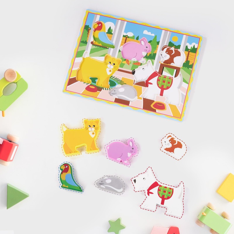 Miereirl Wooden Pet Puzzles Toys for Toddlers 1-3, Toddler Wooden Board Puzzles with Pet Animal, 6pcs Creature Baby Inset Puzzle