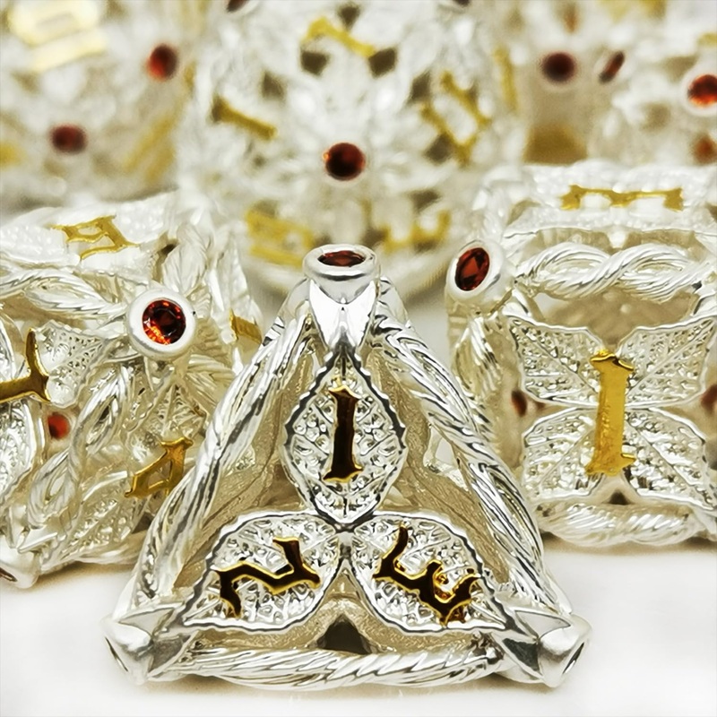 MJDICEOK Hollow Magic Vine Leaf DND Dice Set Metal Dice Set 7 Role Playing Dice D&D Dungeons and Dragons Dice (White + Red Gem)