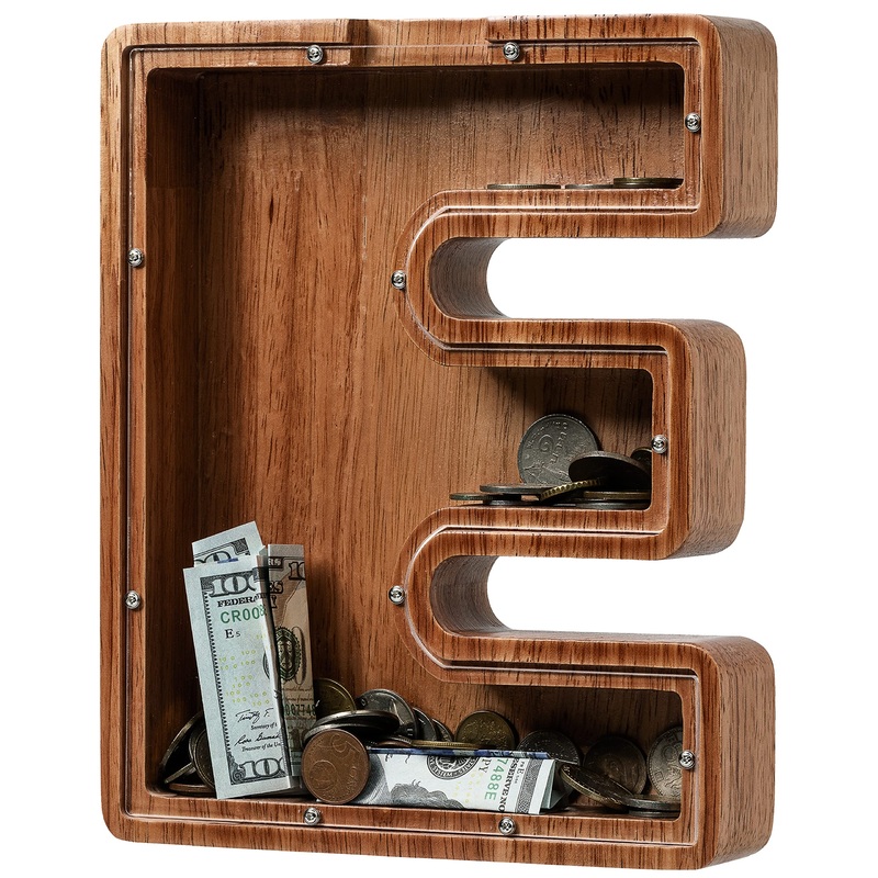 Piggy Bank for Kids Boys Girls, Wooden Large Letter Piggy Bank Alphabet Money Bank with Initial E, Coin Bank Fun Gifts for Birth