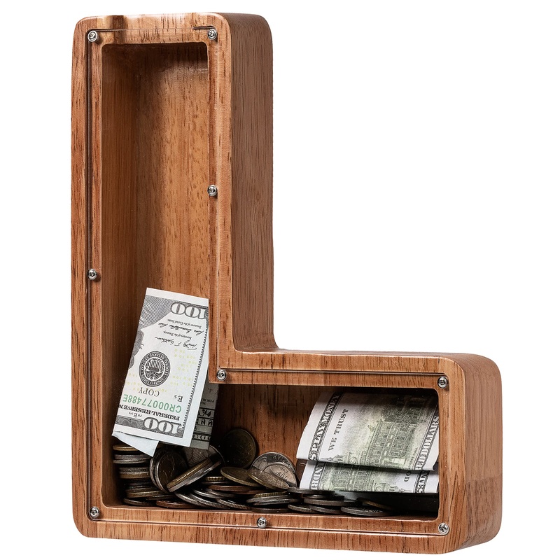 Piggy Bank for Kids Boys Girls, Wooden Large Letter Piggy Bank Alphabet Money Bank with Initial L, Coin Bank Fun Gifts for Birth