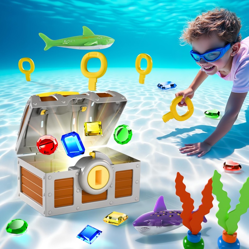 Pool Wave Kids Diving Pool Toy, Large Treasure Chest Water Dive Game W/Keys Gems Fish, Toddler Outdoor Swimming Treasure Box Pla