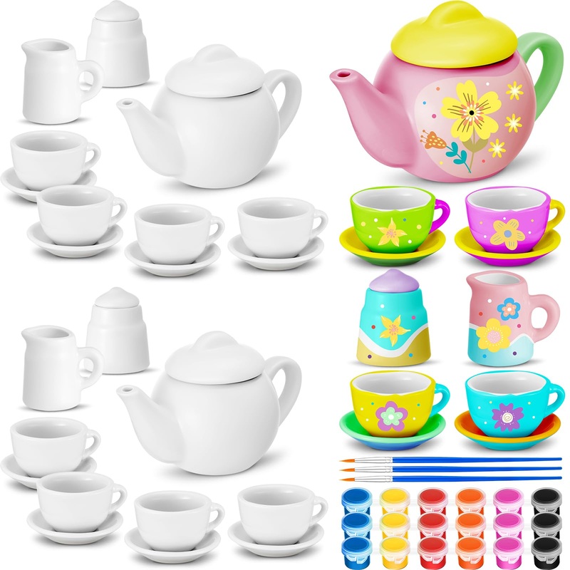PullCrease 45 Pcs Spring Paint Your Own Tea Kit Craft DIY Tea Kit for Kids Ages 8+ Mini Ceramic Tea Cups to Paint Including Porc