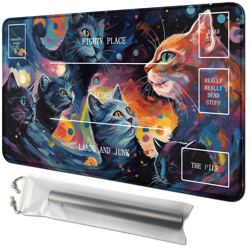 RWUTYTIUL Cats Card Playmat 24 X 14 Inch with Tube Bag, Card Gameplay Playmat with Zones Commander Deck Board MTG RPG CCG TCG Ca