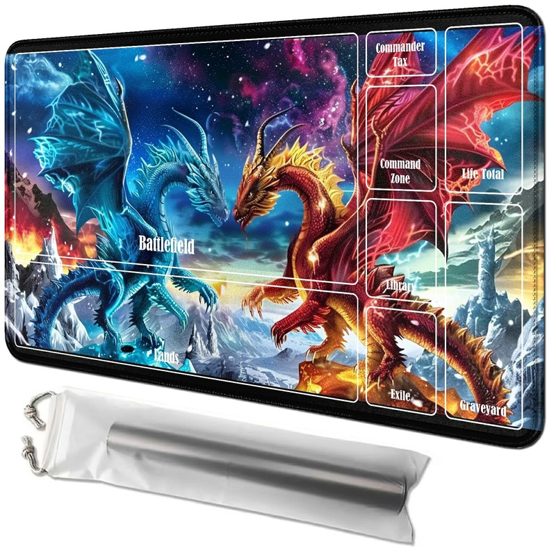 RWUTYTIUL Flaming Dragon Card Playmat 24 X 14 Inch with Tube Bag, Card Gameplay Board with Zones Commander Deck MTG RPG CCG TCG