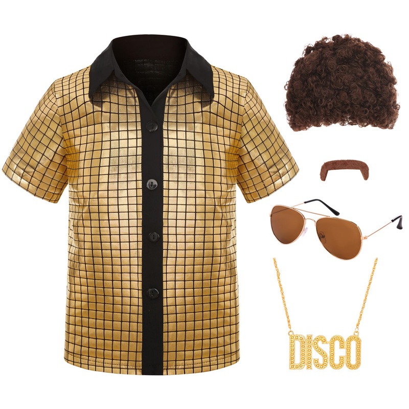 SIZGAROOT 70s Outfits for Boys Disco Costume Kids Halloween Party Dress Up (Gold, 10-12 Years)