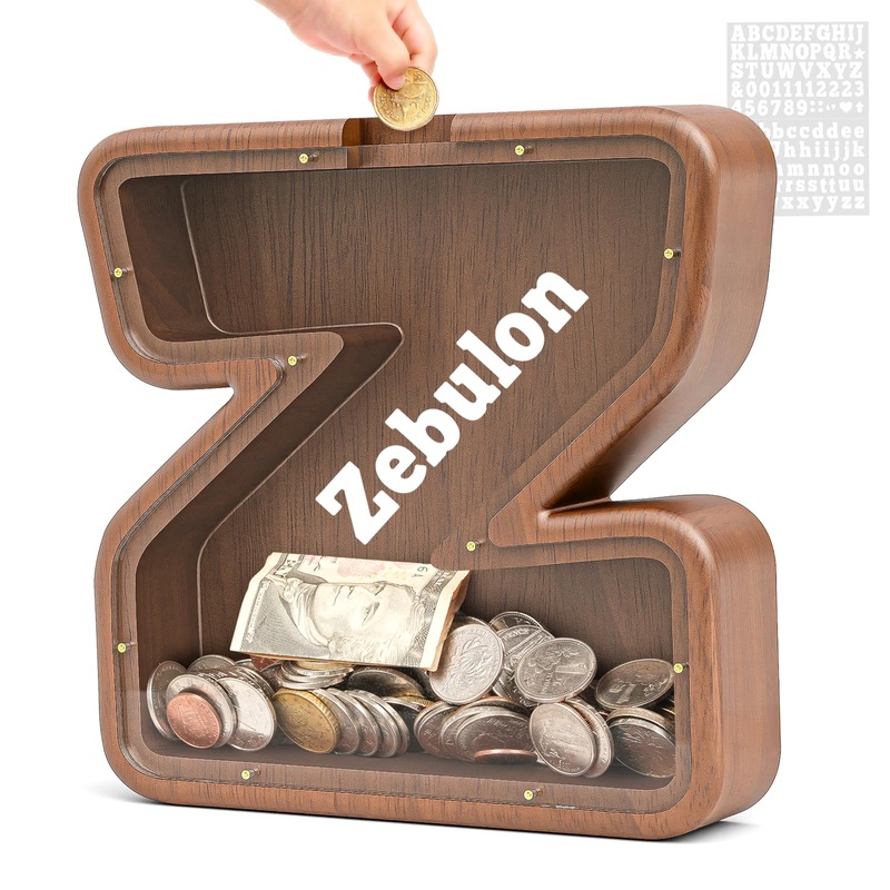 Summidate Wooden Letter Piggy Bank for Kids Girls Boys,Unbreakable Coin Banks for Baby,Personalized Cute Initial Money Banks, Bi