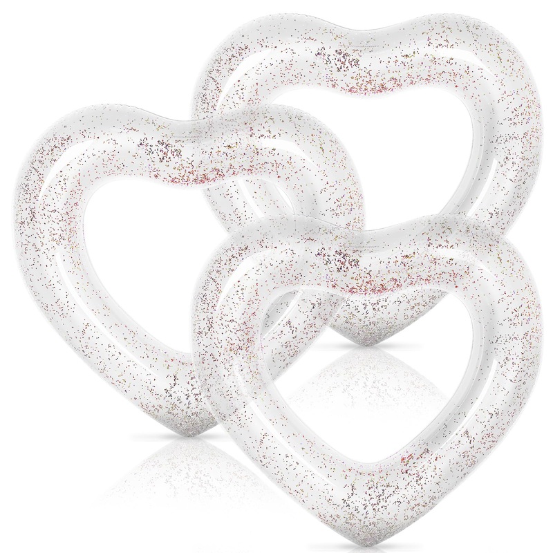 Whaline 3Pcs Inflatable Heart Pool Float with Glitter Inside White Swim Pool Rings Float Loungers Tube for Summer Pool Beach Bac