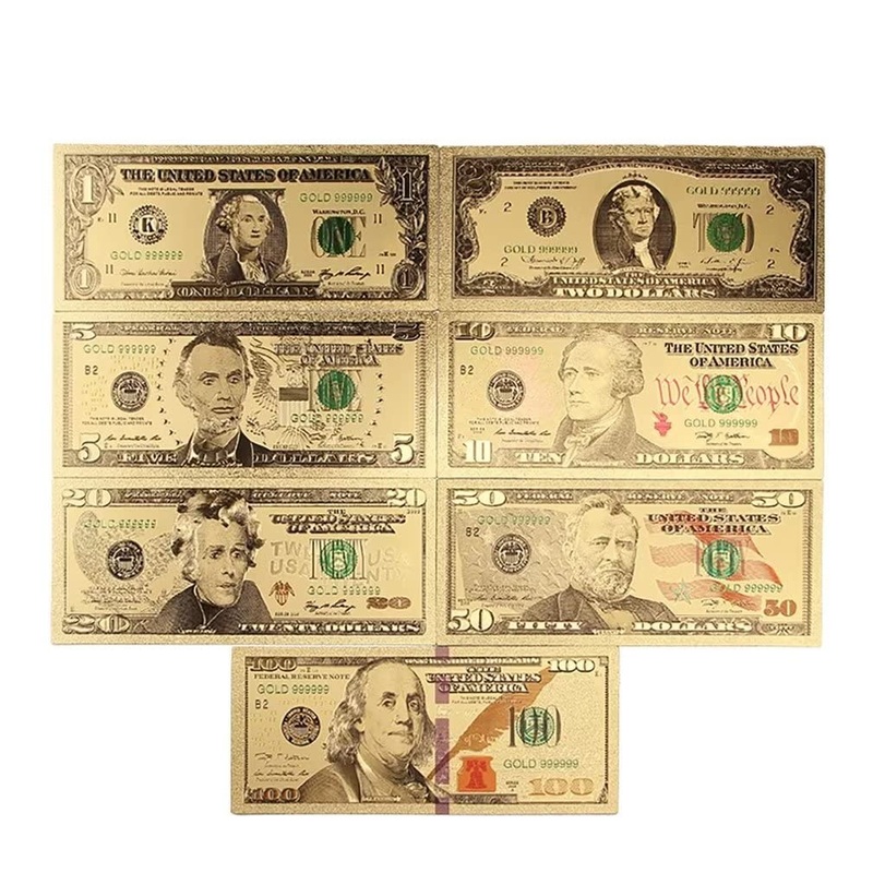 YIQILAFADA 7 pcs Set Gold Dollar Bills, $1 $2 $5 $10 $20 $50 $100 Gold Foil Dollar Bills USD Money