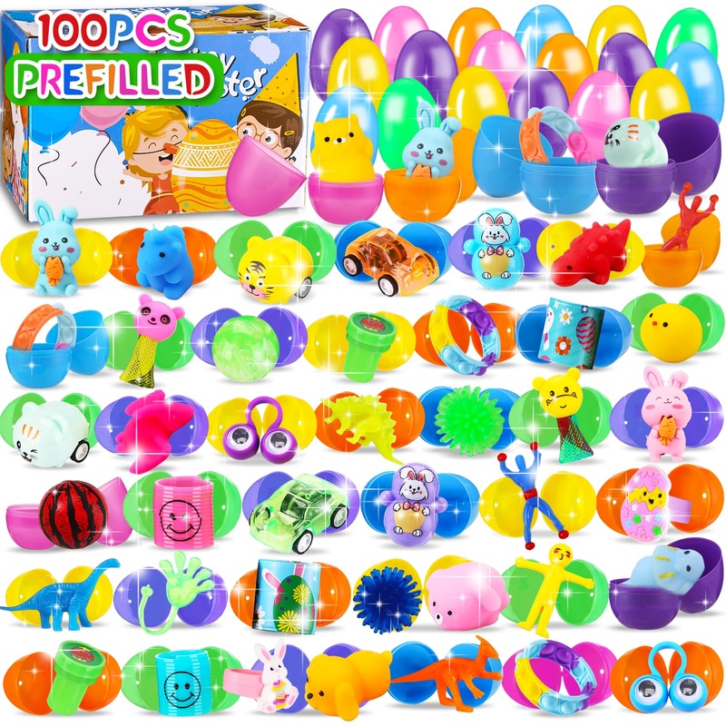 100 PCS Prefilled Easter Eggs with Toys Inside, Plastic Easter Eggs Filled with Toys Bulk for Easter Egg Hunting, Assortment Bir
