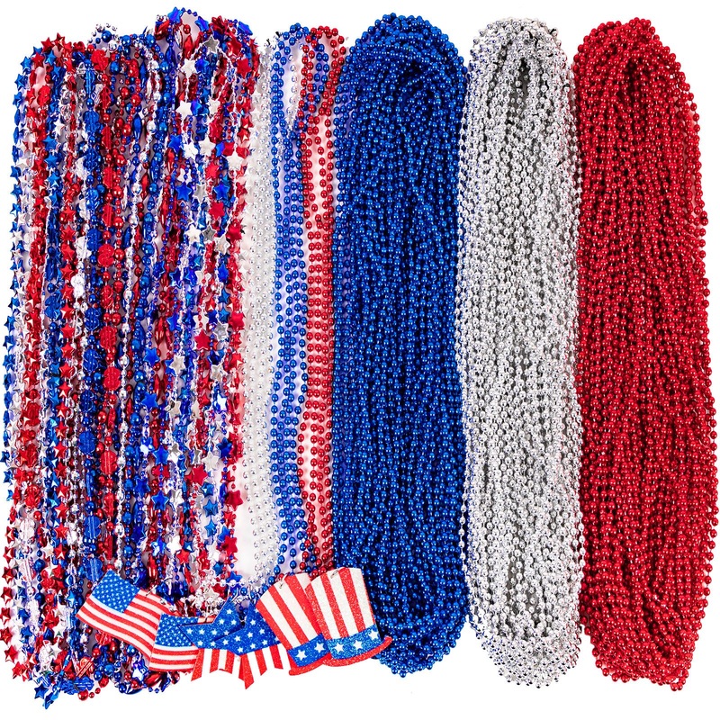 72PCS 4th of July Accessories Necklaces: Blue White and Red Beads Bulk, Patriotic Party Independence Memorial Day Favors Toys De